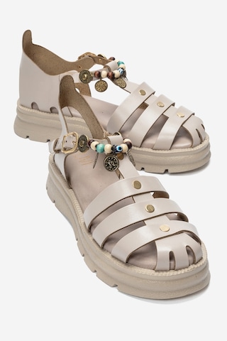Luvi Shoes Solıs Krem Hakiki Deri Boncuklu Kadın Sandalet