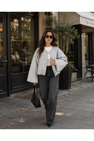Unika Boutique Kadın Kaşe Kumaş Bomber Ceket Gri