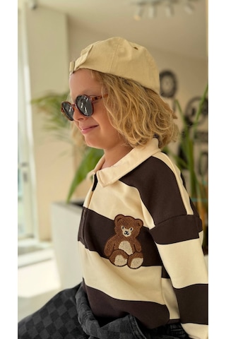 Ponki Unisex Çocuk Yaka Detaylı Teddy Armalı Çizgili Sweatshirt Kahverengi