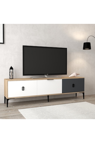 3801 Neva Tv Ünitesi 180 Cm 3 Kapaklı Sepet - Antrasit - Beyaz Tv Sehpası Sepet - Antrasit - Beyaz