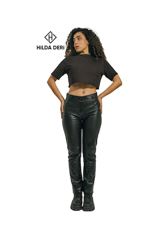 Hilda Deri Adel Siyah Hakiki Kuzu Derisi Cepsiz Pantolon 001