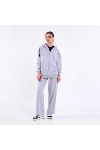 Mmetalic Kadın Gri Normal Kalıp Basic Beli Lastikli Kapüşonlu Oversize Mevsimlik Alt Üst Eşofman Takımı