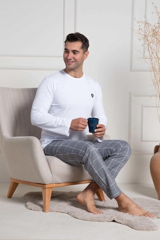 Mecit Pijama Mecit 3054 Erkek Beyaz Ekoseli Büyük Beden Pijama Takımı Beyaz