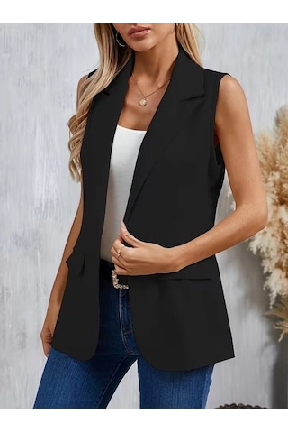 Defymoda Kadın Kolsuz Yakalı Önden Tek Düğmeli Atlas Ceket Siyah
