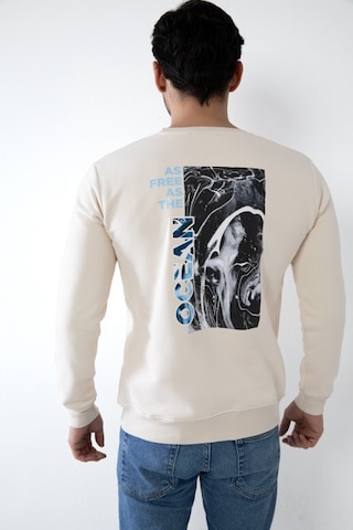 Erkek Bej Renk Kapşonsuz Baskılı Sweatshirt Bej