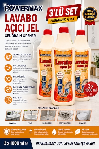 Powermax Lavabo Açıcı Jel 1000 Ml X3 Set Gider Açıcı Jel Mutfak Ve Banyo İçin