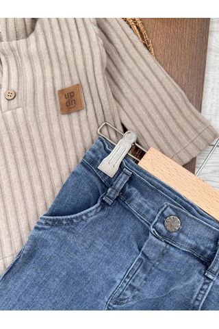 Bebicix Yumuşak Doku Sweatshirt Esnek Kot Pantalonlu Erkek Bebek 2'li Takım Kahverengi