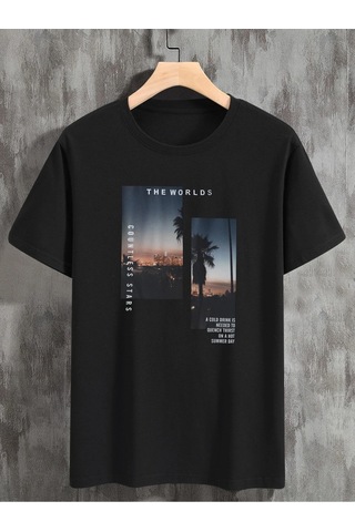 The Worlds Countless T-shirt - Siyah Baskılı Oversize Bisiklet Yaka Kısa Kol Tişört Siyah