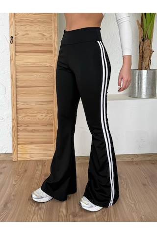 Munn Collection Kadın Yüksek Bel Şerit Detaylı Ispanyol Paçalı Dalgıç Pantolon SiYAH