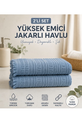 2'li Yüz Havlusu Seti 50x90 Cm Pamuklu El Havlusu Püsküllü Yumuşak Dokulu Yüksek Emici Günlük Kullanım Mavi