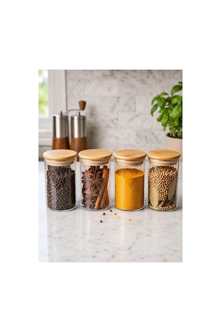 4'lü Bambu Kapaklı Borosilikat Cam Baharat Seti 270 Ml Diğer