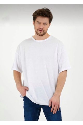 Erkek Oversize Pamuklu Bisiklet Yaka Kısa Kollu T-shirt BEYAZ