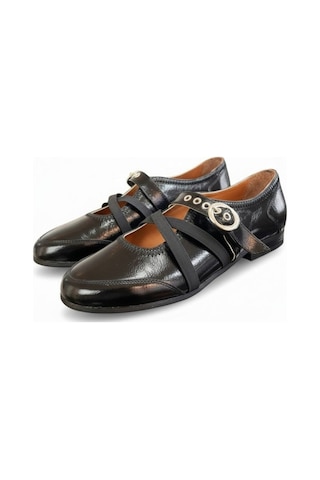 Ne&ve Shoes Siyah Rugan Çapraz Lastikli Tokalı Kadın Günlük Şık Ve Rahat Babet