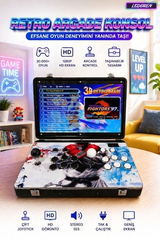 Premium Metal Arcade İki Kişilik Oyun Konsolu - 17 İnç Ekran, 20000+ Oyunlu, Katlanabilir Taşınabilir Retro Konsol