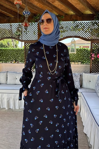 Rabia Şamlı Gül Mavi Çiçekli Elbise Normal