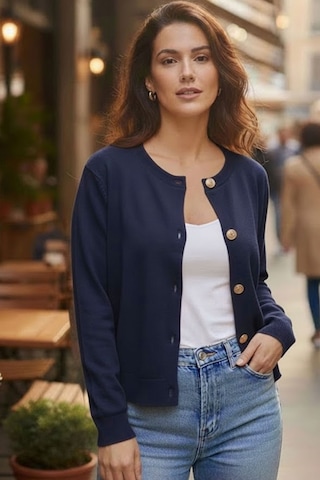 Cool Tarz Lacivert Yumuşak Dokulu Mücevher Düğmeli Ceket Görünümlü Triko Hırka Lacivert Lacivert