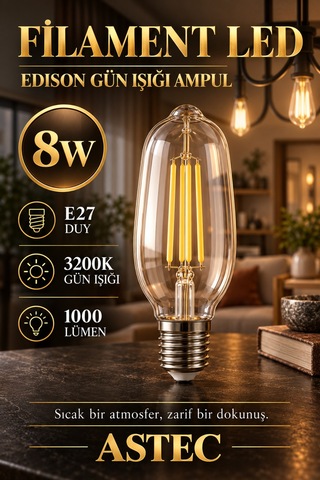 Astec E27 Edison Gün Işığı Ampul 8 Watt 3200k Gün Işığı Dekoratif Filament Led