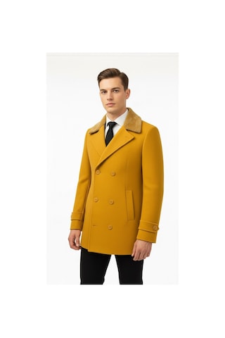 Erkek Kürklü Yaka Kaşe Kaban Slim Fit Çift Düğmeli Kışlık Mont Hardal Sarısı