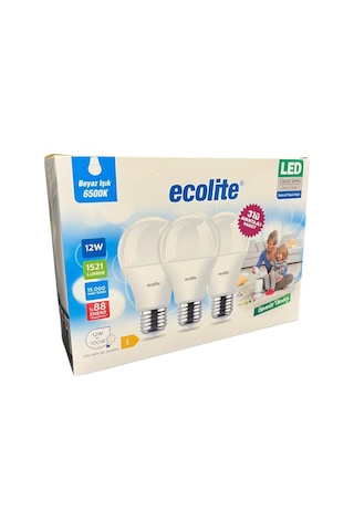 Ecolite 12w Led Ampul 3'lü Paket / 1521 Lümen, 6500k Beyaz Işık, 100w Eşdeğer, E27 Duy, Enerji Tasarruflu, 220v, D