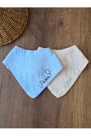 Venedys 2 Li İsme Özel Müslin Bebek Mama Önlüğü Seti Nakışlı Bandana 0-2 Yaş Krem