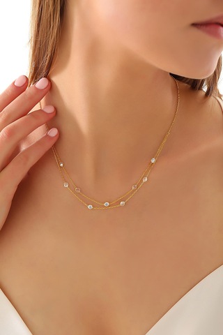 925 Ayar Gümüş Zirkon Taşlı 2 Li Kolye Altın