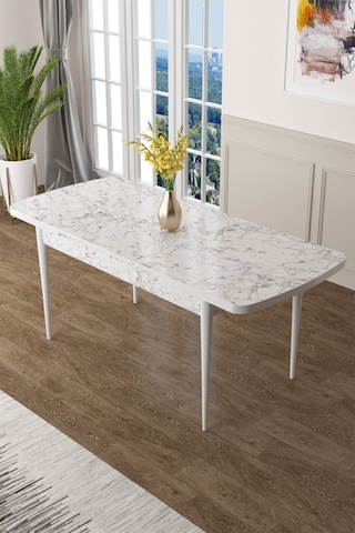 Canisa Concept Zen Serisi 80x132 Mdf Açılabilir Beyaz Mermer Desen Masa Masa Beyaz Mermer Desenli Ayakları Beyaz
