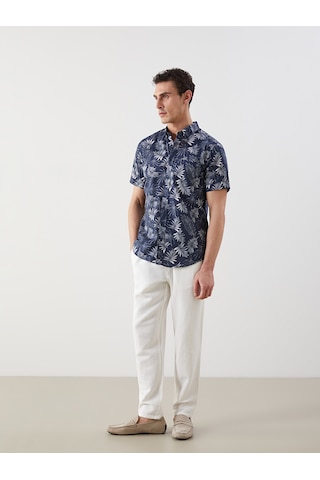 Lcwaıkıkı Classic İndigo Regular Fit Kısa Kollu Desenli Poplin Erkek Gömlek