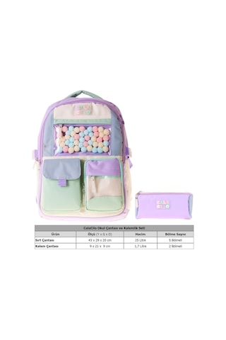 Calacilo Virgo Kız Çocuk Virgo Ponpon Aksesuarlı Okul Sırt Çantası Ve Kalemlik Seti - Setcc-c4092c Yeşil - Lila