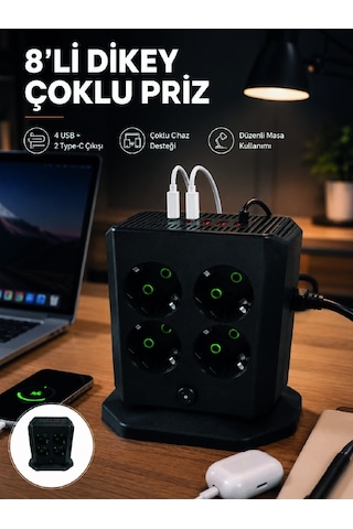 8'li Dikey Çoklu Priz 4 Usb 2 Type-c Girişli Akım Korumalı Uzatma Prizi - Lisinya Diğer