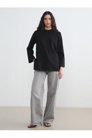 Lcw Modest Siyah Bisiklet Yaka Soft Touch Kadın Sweatshirt Tunik