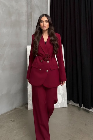 Msm Fashion Kadın İkili Blazer Ceket Pantolon Takım Aksesuar Ve Düğme Detaylı Bol Paça Bordo