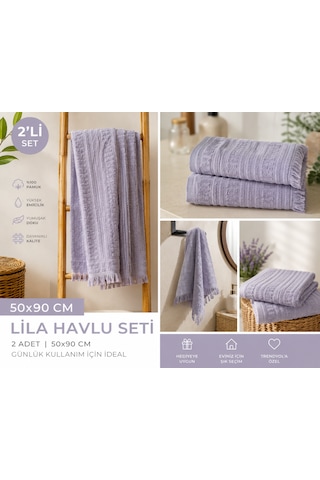 2'li Yüz Havlusu Seti 50x90 Cm Pamuklu El Havlusu Püsküllü Yumuşak Dokulu Yüksek Emici Günlük Kullanım Lila