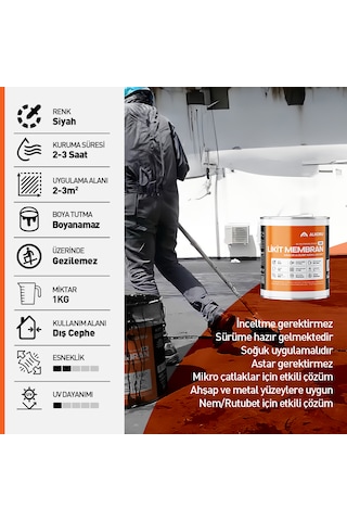 Alkoru 1 Kg Zer Sıvı Zift Likit Membran Kauçuk Ve Elyaf Katkılı Su Yalıtım Malzemesi