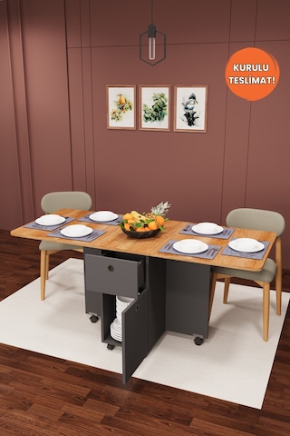 Lüks Katlanır Mutfak Yemek Masası %100 MDF Pratik Çekmeceli Çalışma Masası KM03