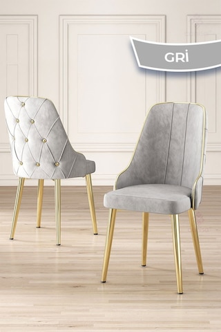 Canisa Asel Serisi 90x160 Lak Panel Hazar Gold Kaplama Ayaklı Masa Takımı Ve 6 Gri Sandalye Hazar Masa Gri Sandalye Ayaklar Gold