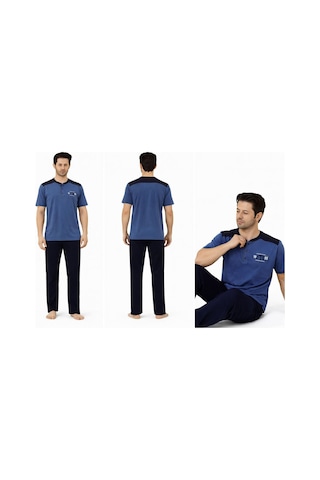 Gk Luxury & Fashıon Sude Erkek Pijama Takımı Kısa Kollu Alt Uzun - A300-05 Ve A301-1173-1 %100 Koton Mavi