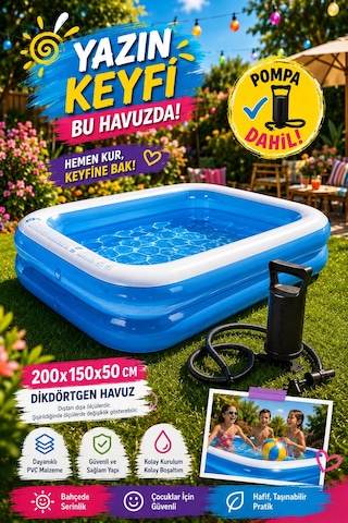 200x150x50 Cm Dikdörtgen Şişme Havuz - 30 Cm El Pompası Dahil Mavi