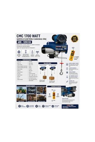 Cmc 1700 Watt Şaryolu Elektrikli Caraskal Vinç 600-1200 Kg