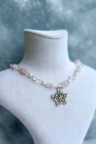 Pembe Kuvars Ve Kristal Kuvars Kelebek Kolye Standart