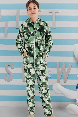 Aydoğan Erkek Genç Çocuk Kadife Kamuflaj Desen Pijama Takımı 240522 Yeşil Yeşil