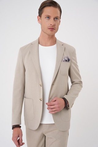Efor Comfort Fit Mono Yaka Çift Yırtmaç Torba Cep Kendinden Desenli Casual Bej Ceket C 706 Bej