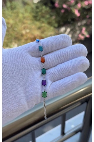 Gümüş Renk Renkli Zirkon Taşlı Özel Tasarım Bileklik 18 Cm