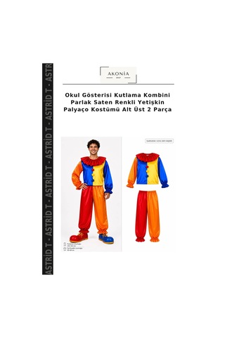 Okul Gösterisi Kutlama Kombini Parlak Saten Renkli Yetişkin Palyaço Kostümü Alt Üst 2 Parça