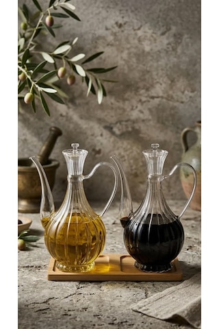 2li Cam Yağdanlık 750ml+750 Ml Glory Çizgili Bambu Stantlı Borosilikat Sirkelik El Üretimi Yağ, Sirke Ve Sos Şişesi Ç Şeffaf