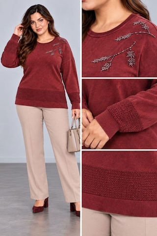 Cedy Denim Cedy Denım Kadın Bisiklet Yaka Dal Yaprak İşlemeli Taş Detaylı Dokulu Triko Kazak C27061 Bordo