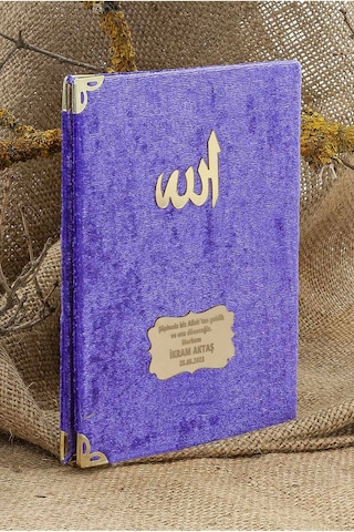 25 Adet - İsme Özel Kadife Kaplı Yasin Kitabı - Mevlüt Hediyesi - Çanta Boy - 128 Sayfa - Mor Mor