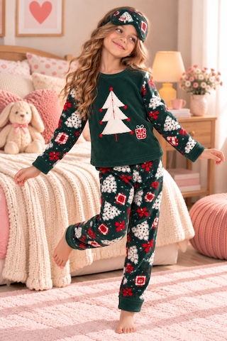 Free Beka Kız Çocuk Yılbaşı Desenli Yumuşak Kalın Kışlık Aplike Nakışlı Polar Pijama Takımı Ve Göz Bandı Sıcak Tutan Yeşil