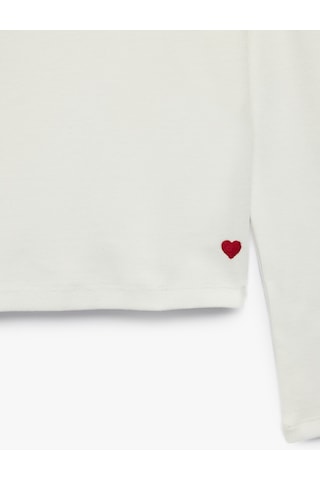 Koton Kalp Nakış Detaylı Slim Fit Pamuklu Kaşkorse Bisiklet Yaka Uzun Kollu Tişört Ekru 7wkg10521ak