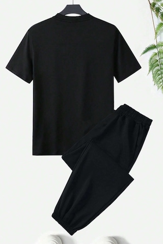 Unisex Leopar Kalp Baskılı Eşofman Takımı Siyah