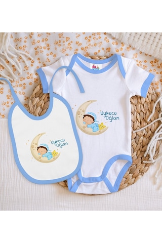 Bk Kids Uykucu Oğlan Tasarımlı Mavi Bebek Body Zıbın Ve Mama Önlü Çok Renkli